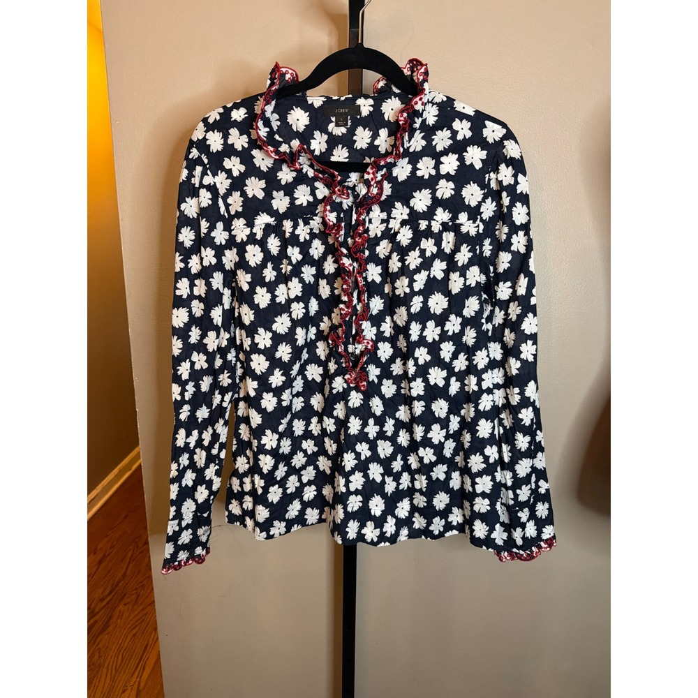 J. Crew Womens Navy Blue White Daisy Floral Ruffle Trim Blouse Top Large L